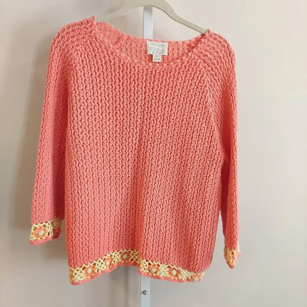 Christopher Banks XL Hand Crochet Sweater Flower Boarder Fairy Cottagecore